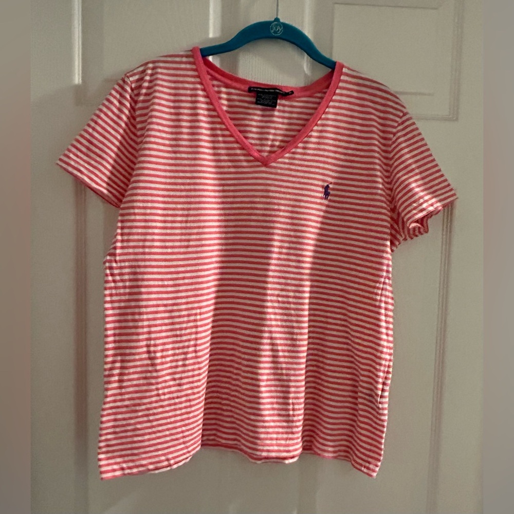 Ralph Lauren Sport VNeck Shirt Womens XL Pink & White Striped Purple Pony